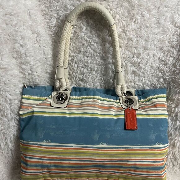 Coach  Fabric  Nautical Striped pastel Multicolor shoulder bag leather straps - Picture 3 of 13